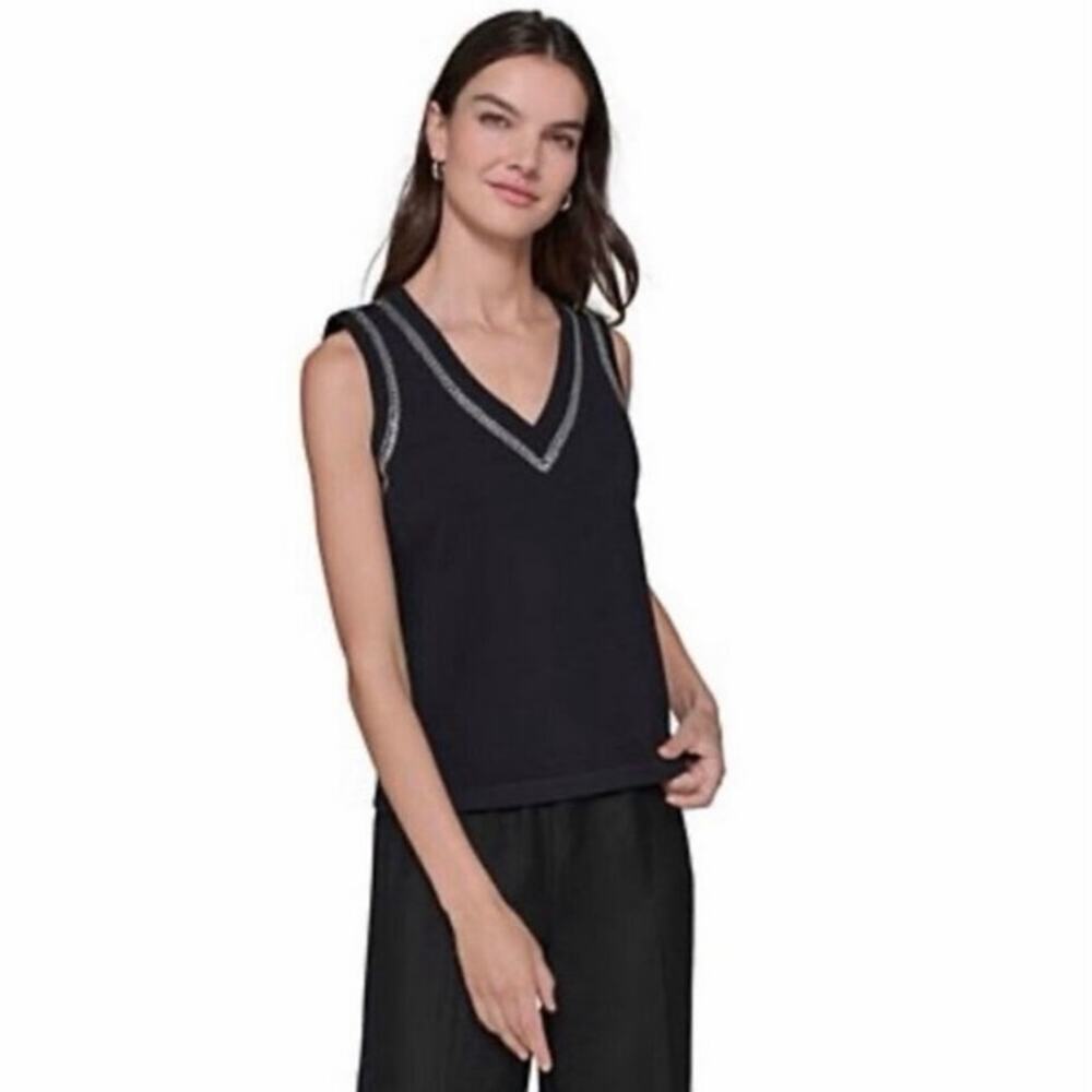 Iris Setlakwe Black V Neck Suede Trim Stretch Shell Tank Top Large